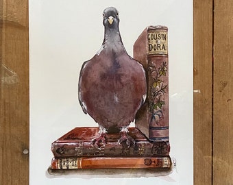 Perry the Wood Pigeon, Fine Art Print, Watercolour Pigeon, for Pigeon Lovers and Book lovers