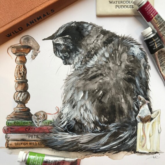 Cat And Mice Watercolour Print Fine Art Giclee Print Or Etsy