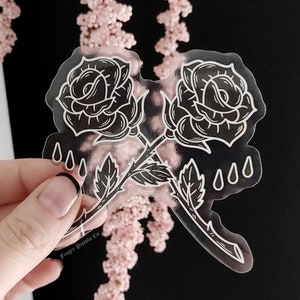 Tattoo Style Roses Sticker - Black Rose Transparent Decal - 3 Inch Clear Waterproof Sticker - Gothic Accessories