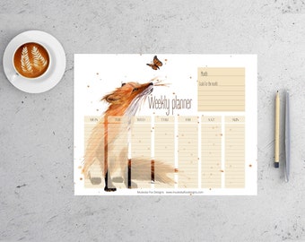 PRINTABLE Monarch Fox Calendar, digital download calendar | Weekly Calendar | Watercolor calendar, printable calendar