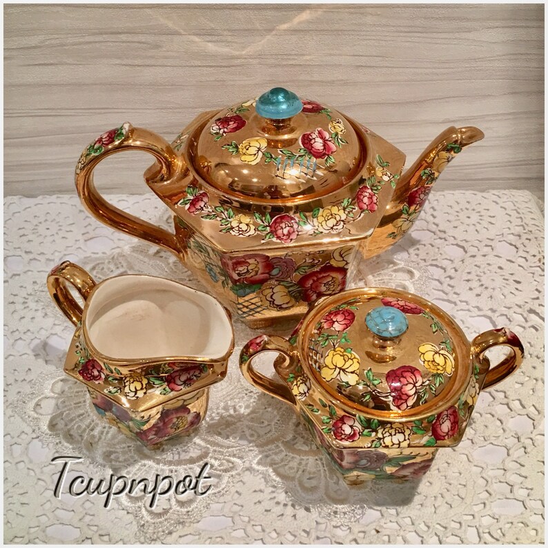 Sadler GOLD Luster Teapot Milk Jug and Sugar Bowl Etsy UK