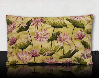 "Dragonflies in the middle of lotus blossoms Parade" pillow - green/purple/white/gold