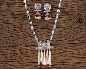 Ruby Handmade Indian Jewelry Set | Long Oxidized German Silver Necklace & Jhumka Earrings | Traditional Statement Jewelry | Gift For Women