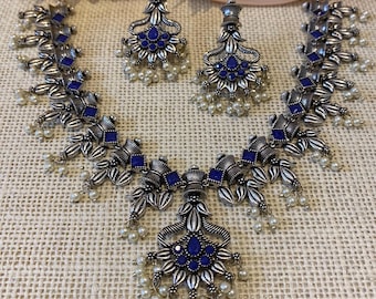 Blue Boho Jewelry Set | Handmade Afghani Necklace & Earrings | Statement Indian Jewelry | Festival or Party Wear Set for Women
