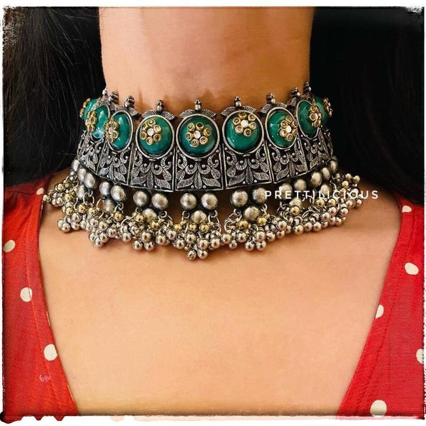 Indian Oxidized Kundan Choker Set, Handmade Dual Tone Jewelry, Pakistani Wedding, Statement Necklace Earrings Combo, Statement Jewlery