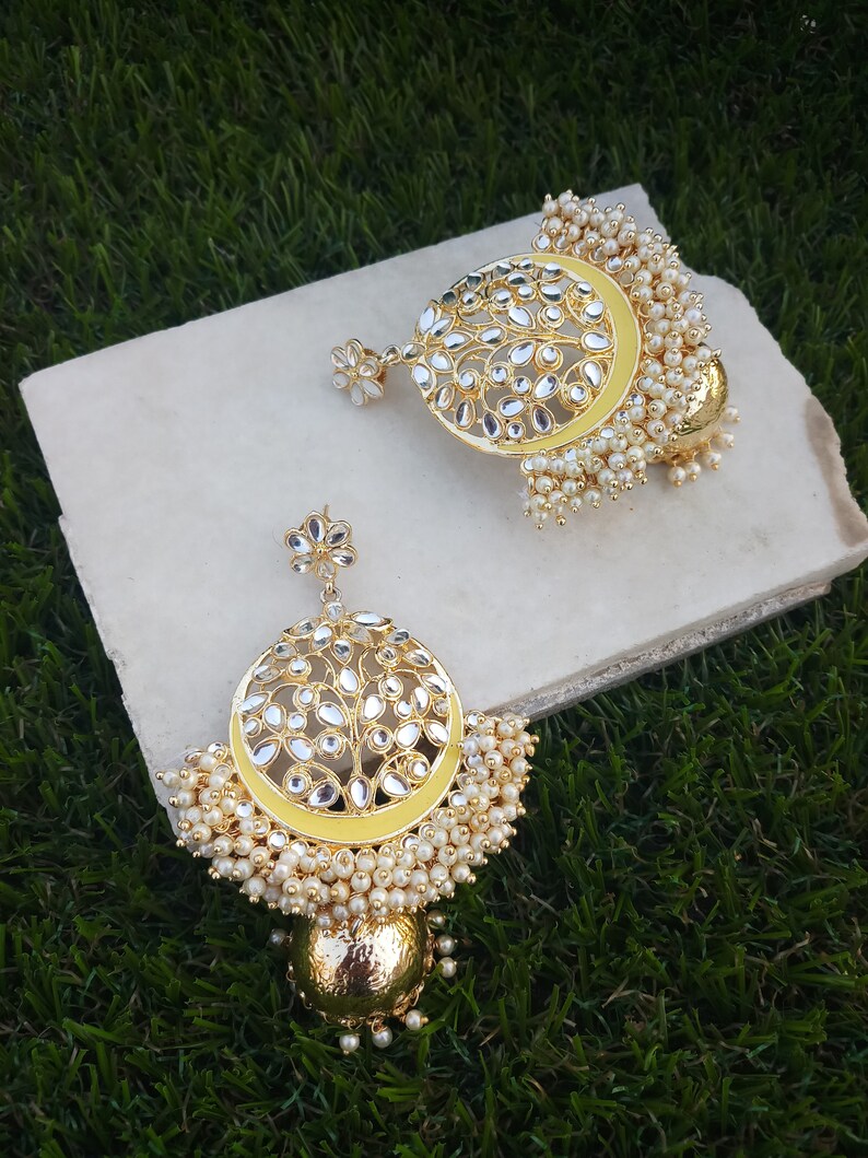 Indian jewelry traditional jewelry high quality gold tone Meenakari Kundan earrings lined with fine pearls