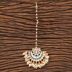 Light Blue Meenakari Chandbali Maangtikka | Indian Bridal Headpiece | Handcrafted Gold Tone Tikka | Traditional Wedding Hair Jewelry
