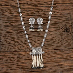 Black Handmade Indian Jewelry Set | Long Oxidized German Silver Necklace & Jhumka Earrings | Traditional Statement Jewelry | Gift For Women
