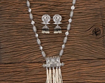 Black Handmade Indian Jewelry Set | Long Oxidized German Silver Necklace & Jhumka Earrings | Traditional Statement Jewelry | Gift For Women