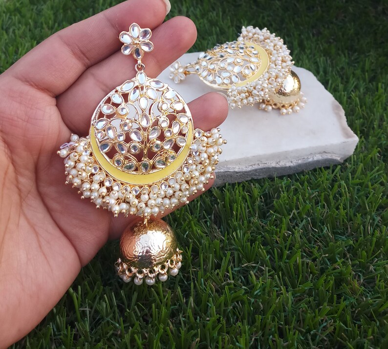 Indian jewelry traditional jewelry high quality gold tone Meenakari Kundan earrings lined with fine pearls