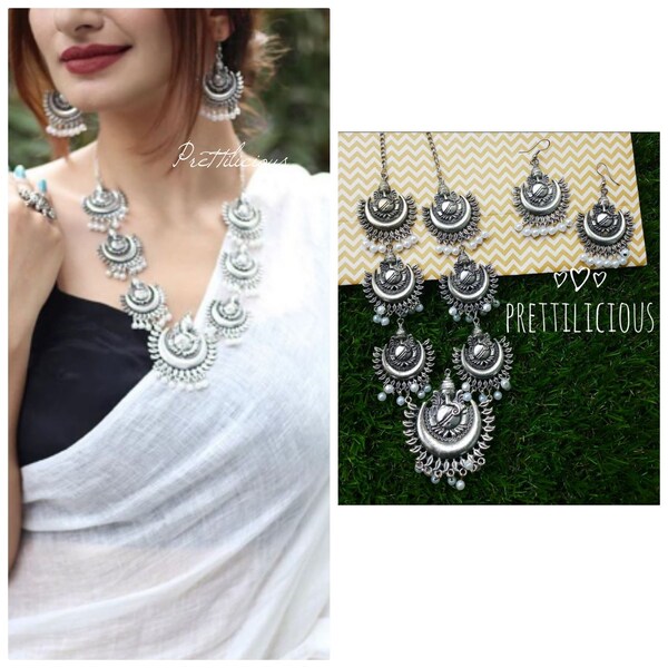 Geoxideerde sieraden, Indiase sieraden, Duits zilver, geoxideerde ketting en oorbellen set, antieke afwerking, handgemaakte
