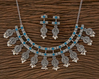 Indian Choker Necklace and Earrings, Temple Jewelry, Oxidized Choker Set, Statement Necklace, Handmade