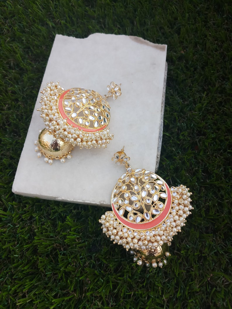 Indian jewelry traditional jewelry high quality gold tone Meenakari Kundan earrings lined with fine pearls