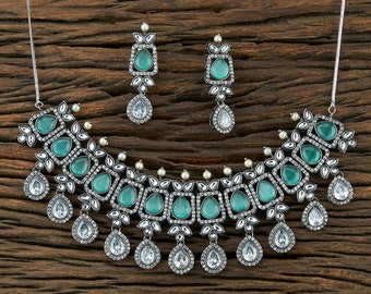 Green Polki Choker Necklace Set | Handmade Oxidised Silver Indian Jewelry | Bridal Statement Necklace and Earrings for Weddings & Festivals
