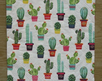 Serviette en papier "Patchwork de Cactus", 33x33, vendue par 3, collage, scrapbooking, DIY, petites plantes, mini fleurs