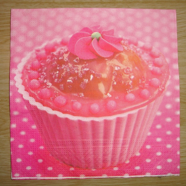 Serviette en papier "Cupcake rose", 33x33, vendue par 3, collage, scrapbooking, DIY, gourmandise, gâteaux