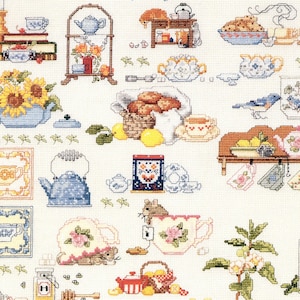 Cross stitch pattern &quot;50 small tea designs&quot;, chart to download, cup and teapot, mouse, honey, tea time clock, cookie and cake