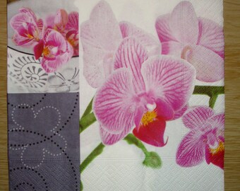 Serviette en papier "Branche d'orchidée rose", 33x33, vendue par 3, collage, scrapbooking, DIY, fleurs roses, romantique