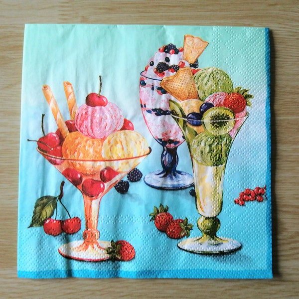 Serviette en papier, Glaces et sorbet, 33x33, vendue par 3, collage, scrapbooking, DIY, fruits d'été, cerise et fraise, fraicheur de saison