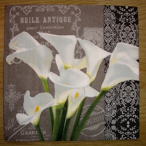 Serviette en papier Bouquet d'arums, 33x33, vendue par 3, collage, scrapbooking, DIY, fleurs, poésie, romantique image 1