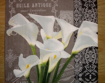 Serviette en papier "Bouquet d'arums", 33x33, vendue par 3, collage, scrapbooking, DIY, fleurs, poésie, romantique