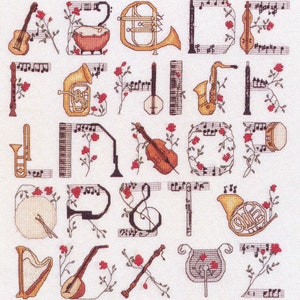 Cross stitch pattern "Musical Alphabet", downloadable chart, musical instruments, piano oboe, wind instruments, stave and note