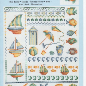 Folha de ponto cruz "Seasides" da Anchor / DIY fácil / modelo bordado / barco / praia / peixe