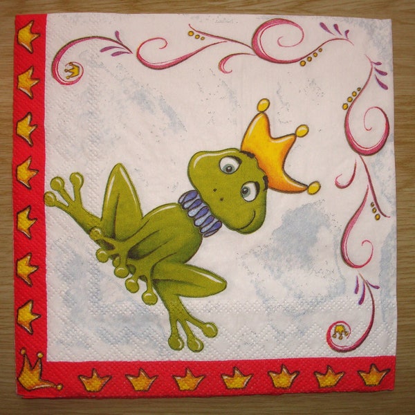 Serviette en papier, princesse grenouille, 33x33, vendue par 3, collage, scrapbooking, DIY, enfant, fée, humour, douceur, bébé, couronne