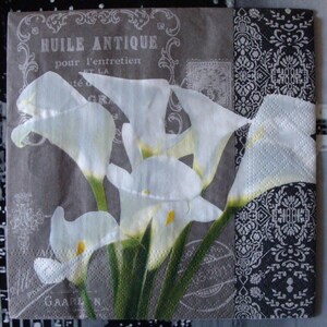 Serviette en papier Bouquet d'arums, 33x33, vendue par 3, collage, scrapbooking, DIY, fleurs, poésie, romantique image 2