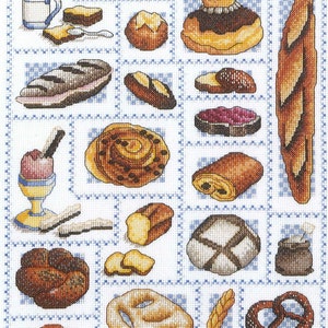 Cross stitch pattern &quot;Bakery&quot;, toaster to download, breads, pastries, brioche, breakfast, cake, croissant, chocolate