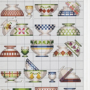 May include: Cross-stitch pattern featuring various decorative bowls and cups with floral and geometric designs. The image includes the text "Atelier de création Cécile Vessière pour Le Bonheur des Dames". The pattern is on a grid background.
