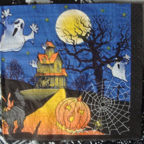 Serviette en papier "Le château hanté d'halloween", collage, scrapbooking, DIY