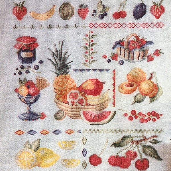 Fiche point de croix "Fruits" de Anchor / DIY facile / modèle de broderie / confiture / glace / citron / panier / abricot