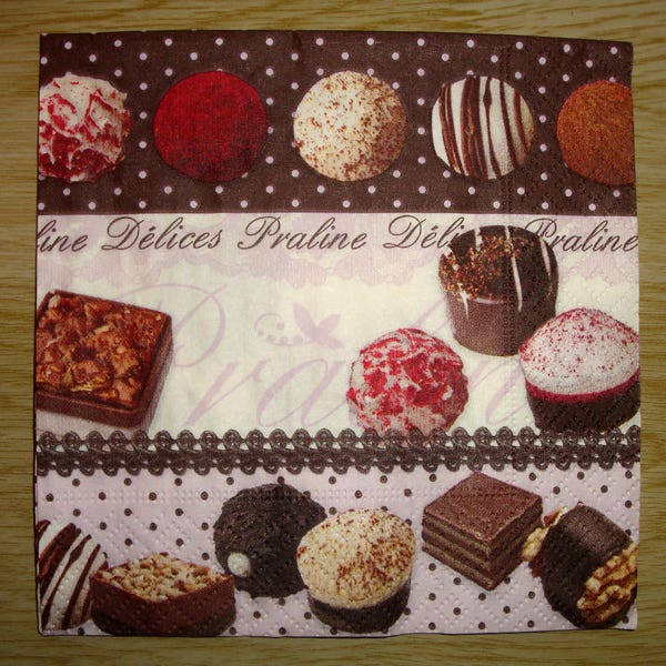 Serviette en papier "Délice praliné", 25x25, vendue par 3, collage, scrapbooking, DIY, chocolat, bonbon, gourmandise, lait, blanc