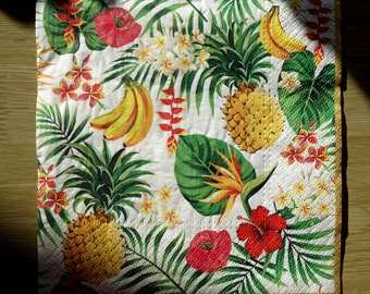 Serviette en papier "Fruits tropicaux", 33x33, vendue par 3, collage, scrapbooking, DIY, petites plantes, hibiscus, ananas, bananes