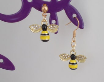 Earrings CHILD : enamel Yellow and Black BEE on gold attach