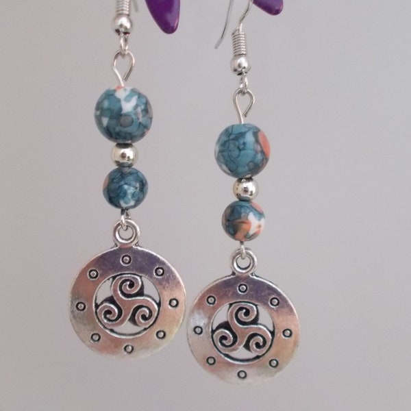 TRISKEL silver earrings with BLUE GREEN beads marbled coral and white