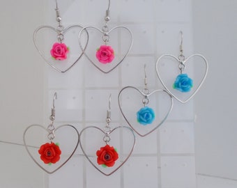 Earrings silvered HEART and FLOWER in polymer
