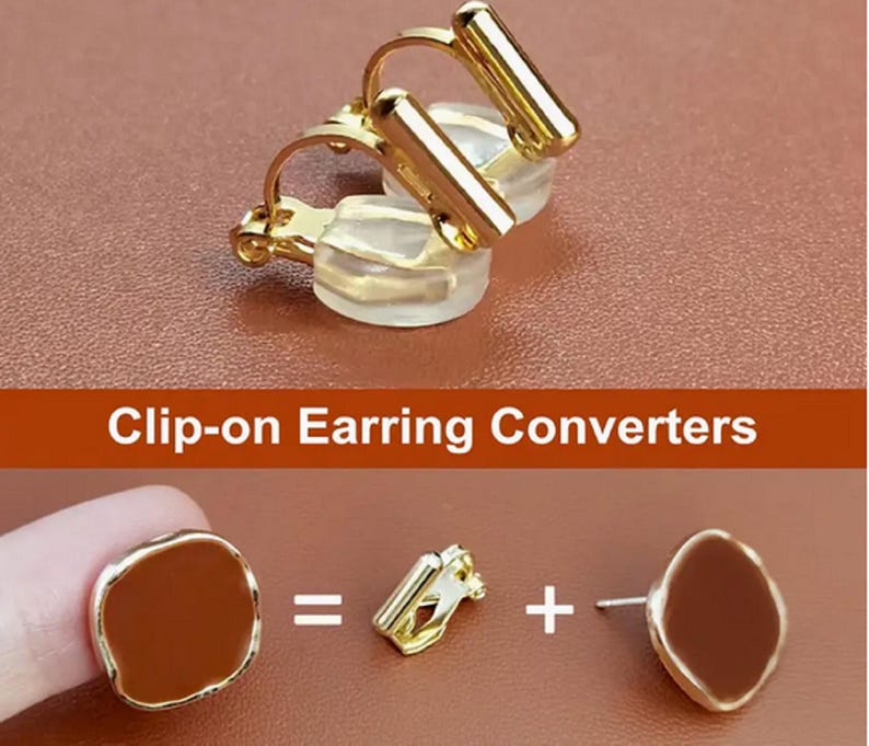 May include: Gold-toned metal clip-on earring converters featuring a cylindrical top bar and a clear silicone cushion pad. The image includes the text Clip-on Earring Converters and a diagram showing a brown stud earring plus a converter equals a clip-on.