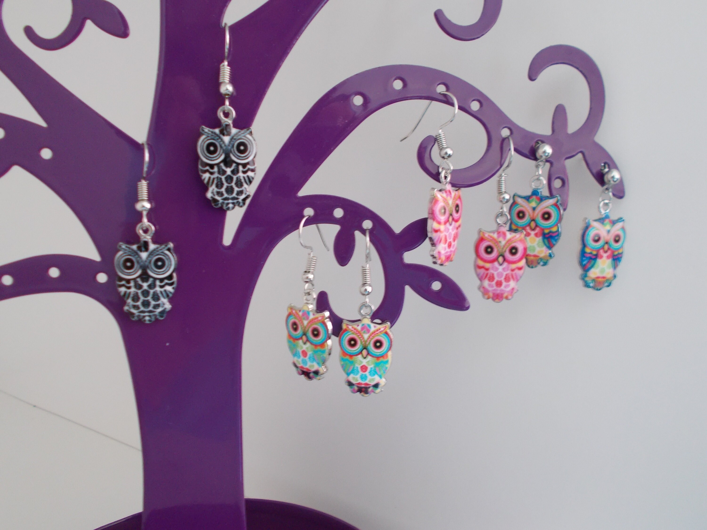 Boucles d'oreille HIBOUX &eacute;maill&eacute;s choix 5 couleurs