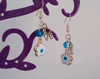 Earrings for VALENTINE's Day : Rose Gold LOVE and White Turquoise blue Flower