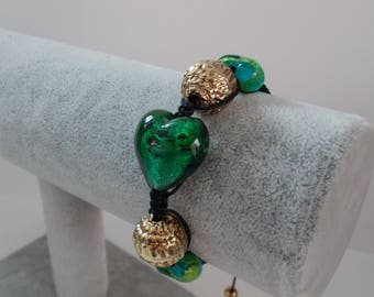 St VALENTIN COEUR bracelet and green and gold transparent pearls black thread