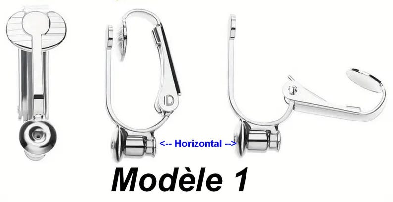 May include: A set of three silver-toned metal clip-on earring converters with a horizontal orientation. The components feature a hinged clip mechanism and a small circular post base. The text "<-- Horizontal -->" and "Mod&egrave;le 1" is visible.