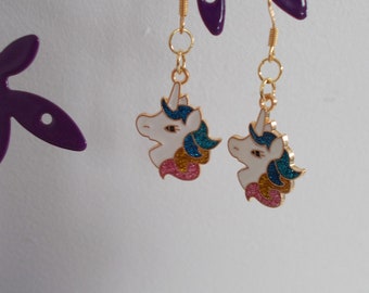 Earrings spangled UNICORN head blue pink gold attach