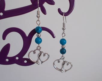Earrings silvered double HEART and TURQUOISE and black marbled stone beads