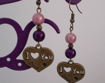 Earrings for Valentine's Day : antique bronze HEART with PURPLE and Pink magic beads