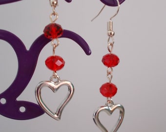 Earrings for VALENTINE's Day : Rose Gold HEART and RED faceted beads