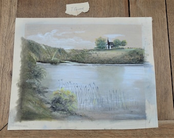 Vintage Kreidezeichung PASTELL Pastellmalerei handgemalt Original Kunst Malerei T.CARROUX Natur See Kapelle Wasser 50er Jahre 1958