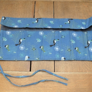 Pencil roll KNITTING NEEDLE ROLL handmade cotton petrol TOUCAN PARROT