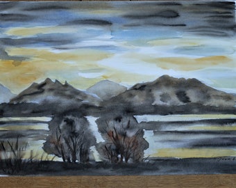 Vintage Aquarellbild handgemaltes AQUARELL Original Kunst Malerei 50x35 Abendstimmung FORGGENSEE